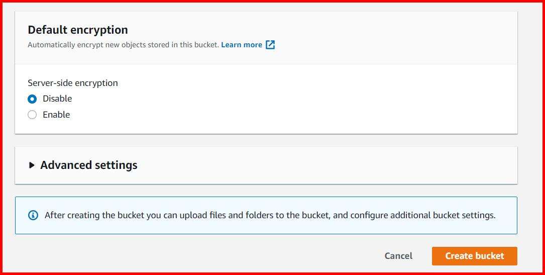 Picture showing the Create bucket button for creating a new S3 bucket